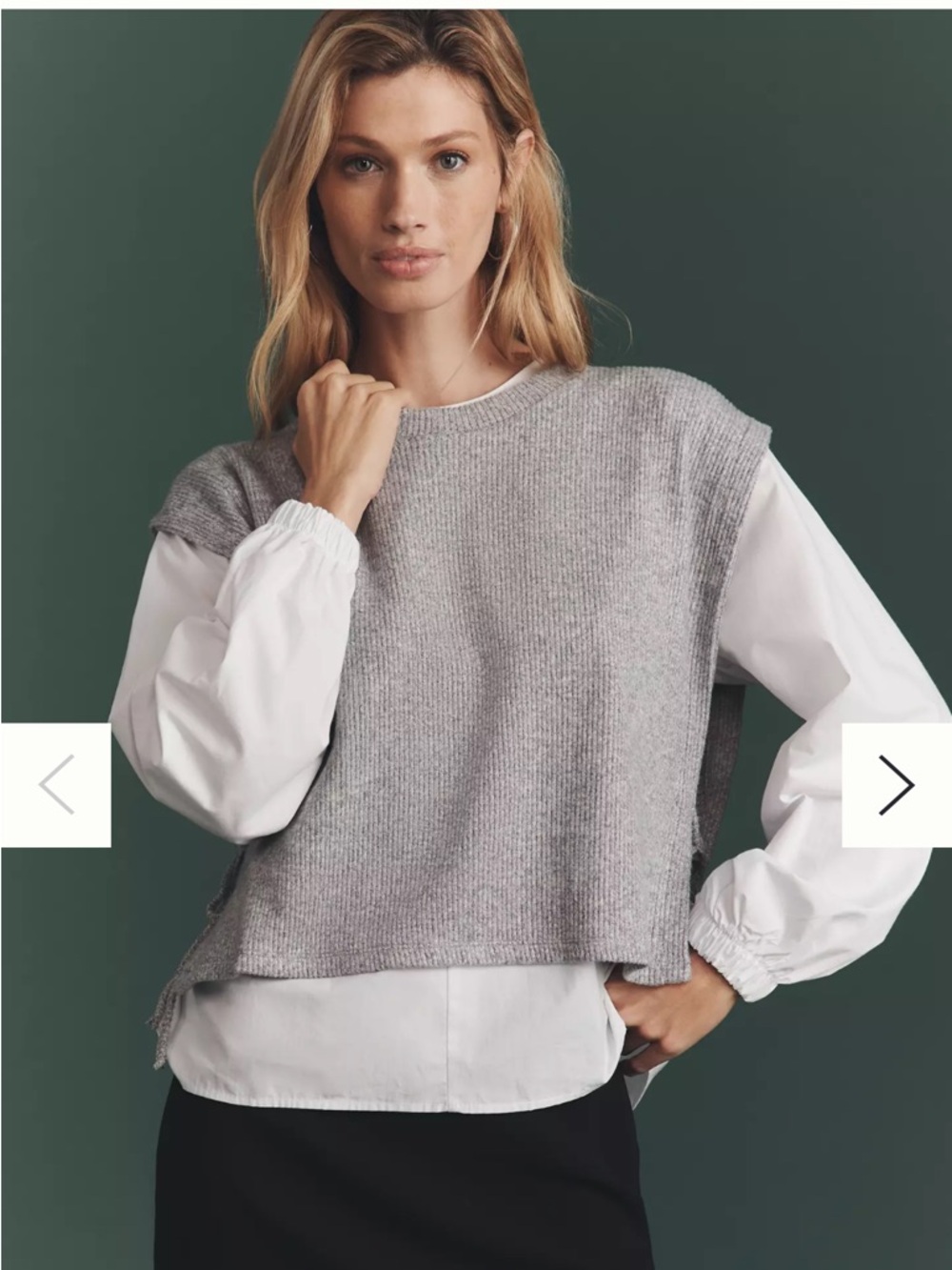 Maeve Gray Knit Layered Pullover with White Blouse-Sleeve Detail